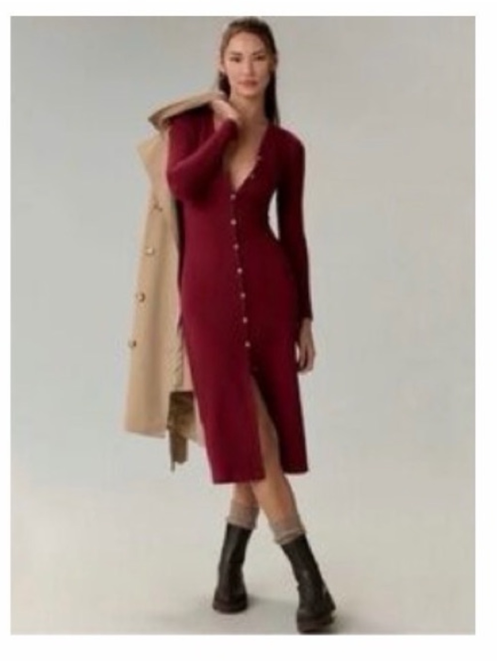 Grey State Long-Sleeve Ribbed Button-Front Midi Dress - Wine